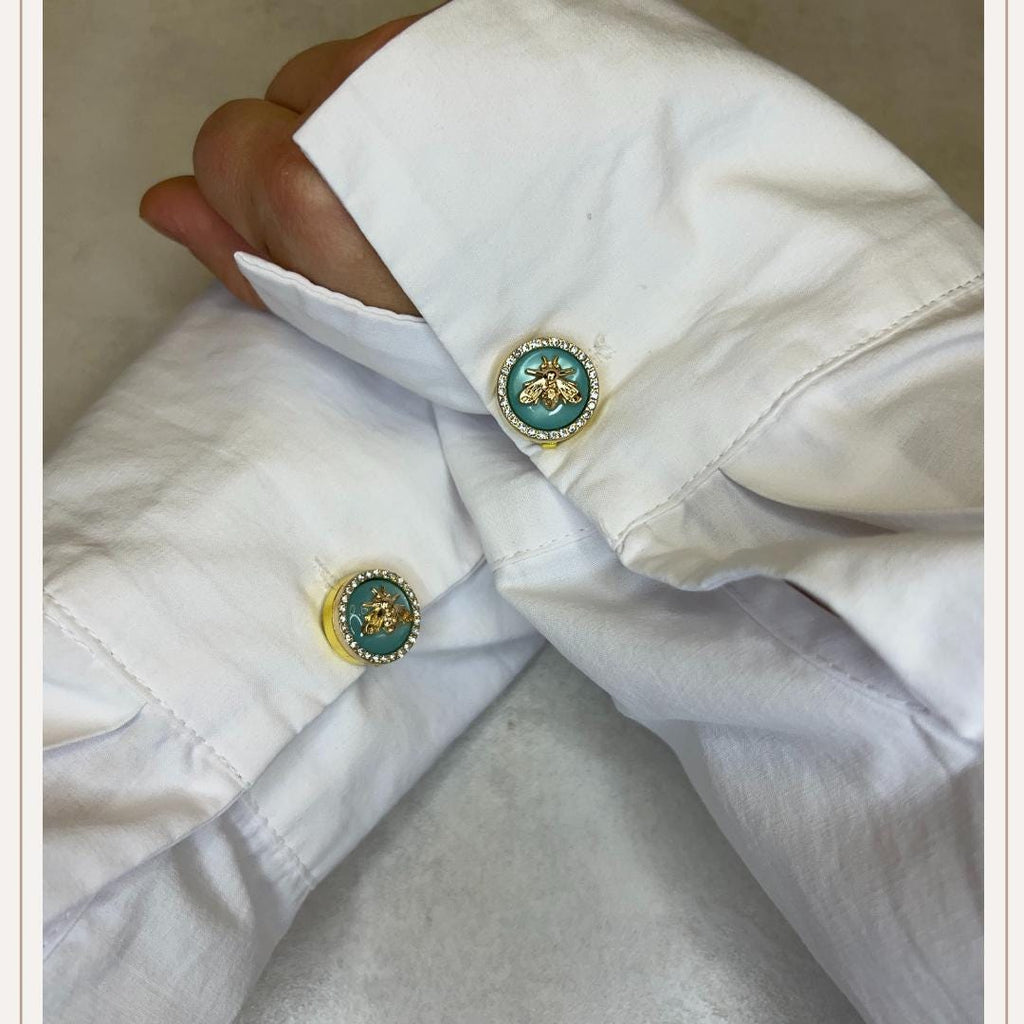 Gold Blue Bee Button Cover